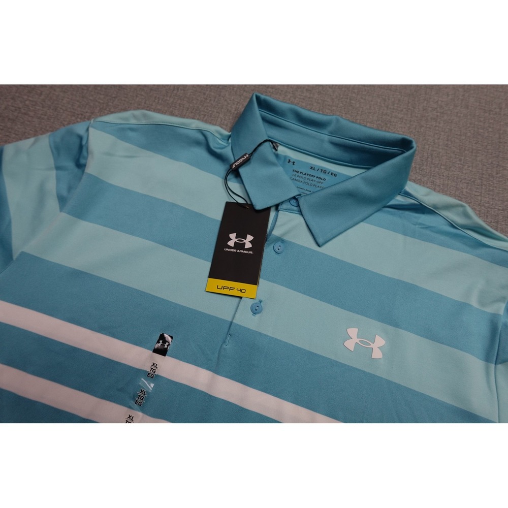 Under Armour Playoff Polo Mens XL Blue Stripe Golf Performance UPF 40 Soft NWT